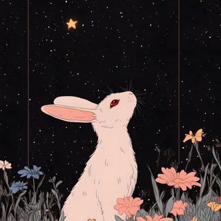 a white rabbit sitting on top of a field of flowers under a sky filled with stars Halloween Rabbit Cute White Rabbit, Rabbit Art, Bunny Art, White Rabbit Iphone, Witch Bunny, black