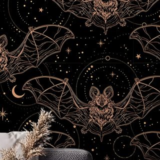 an image of a wallpaper with bats and stars in the night sky on it Halloween Bat For Bedroom Bathroom Inspiration Decor, Decor, Bathroom Inspiration, Wall, black