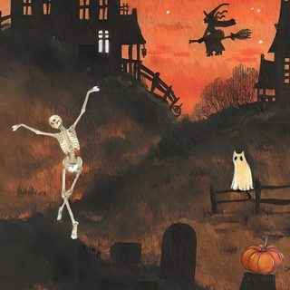 a painting of a skeleton dancing in front of a graveyard with bats and pumpkins Nostalgic Halloween Iphone Spooky Woods, Photowall Ideas, Vintage Halloween Cards, dark slate gray