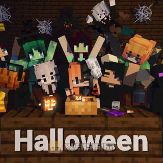 a group of minecraft people standing in front of a table with the words halloween on it Minecraft Halloween Animation Art, Minecraft, Halloween, black