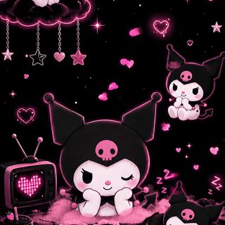 some pink and black wallpapers with hearts, stars and other things on it Kuromi Halloween Iphone Kuromi, Pink And Black Aesthetic, Phone, Iphone,