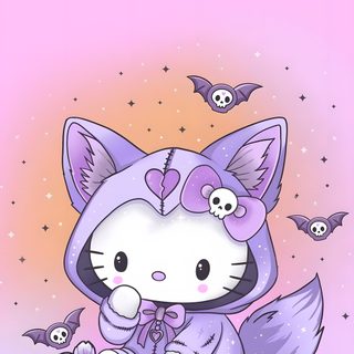 a cartoon cat sitting on top of a pile of flowers and bats in front of a pink background Halloween Kitty Lilac Custom Kawaii Cat Drawing, Hello Sanrio, Anime Lock Screen, lavender