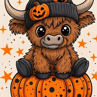 a brown cow sitting on top of a pumpkin Cute Halloween Highland Cow Cow Cartoon Images, Cow Print, Cow, Cow Drawing, Highland Cow Painting, peru
