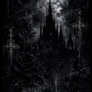 a black and white image of a castle with roses in the foreground, surrounded by bats Dark Gothic Halloween black