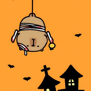 an orange halloween background with bats and spider webs hanging from it's ceiling Capybara Halloween Cute Capybara Halloween, Capybara Halloween, Fall Capybara, goldenrod