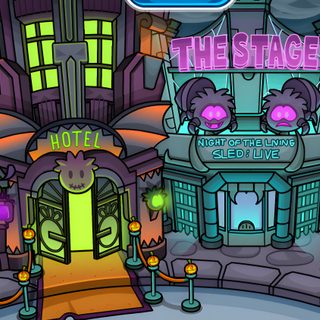 an image of a cartoon town with neon lights Club Penguin Halloween Club Penguin Pizzeria, Club Penguin Pizza Parlor, Halloween Club Penguin, dark slate gray