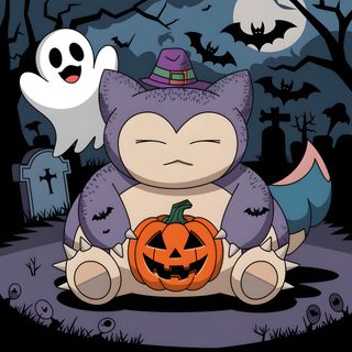 a cartoon cat sitting on the ground with a pumpkin in front of it and two ghost's Halloween Snorlax Halloween Snorlax, Snorlax And Gengar, Pokemon Halloween Snorlax, Snorlax Pumpkin, dim gray