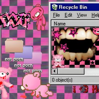 an image of a computer screen with pink characters Gloomy Bear Halloween Gloomy Bear Desktop, Gloomy Bear, Scenecore Background, 2000 Background, rosy brown