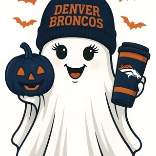 a white ghost holding a cup and wearing a black hat with denver browns on it Denver Broncos Halloween Denver Broncos Halloween, Broncos, Trading Card Ideas, Go Broncos, white smoke
