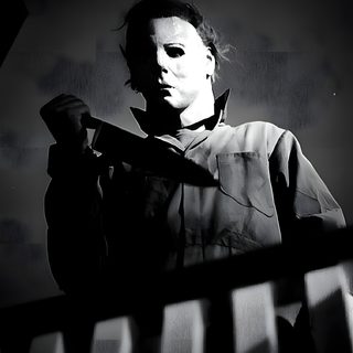 a black and white photo of a man in a scary mask holding a knife up to his face Halloween 1978 Michael Myers Michael Myers Art, Michael Meyer, Halloween 1978, Michael Meyers Halloween, black