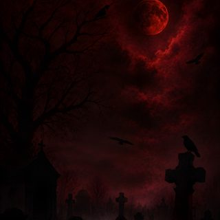 a dark cemetery with a full moon in the sky and birds flying over it at night Dark Red Halloween black