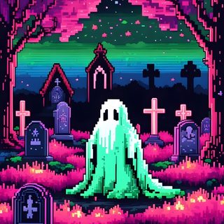 a pixel art painting of a ghost sitting in the middle of a graveyard Vaporwave Halloween Goth Pixel Art, Spooky Space, Purple Pixel Art Ghost, midnight blue