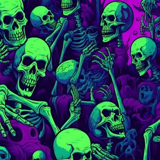a group of skeletons in purple and green Purple And Green Halloween Cool Spooky, Halloween Aesthetic, Spooky Design, Halloween Skull, midnight blue