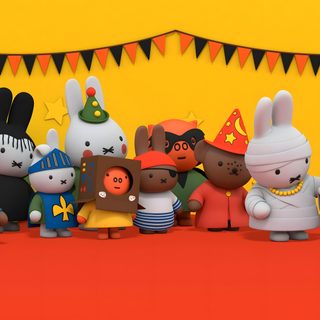 a group of small toy animals standing next to each other on a red carpet in front of a yellow wall Miffy Halloween Miffy Ghost, Miffy Halloween, Miffy Halloween Costume, Miffy Halloween Party, chocolate