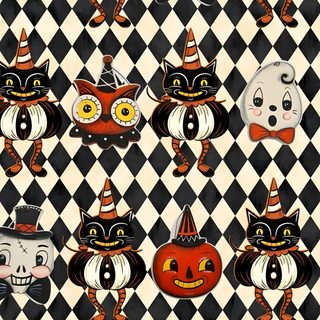 halloween cats and pumpkins on black and white checkered background Johanna Parker Halloween Halloween Illustration, Halloween Backgrounds, Autumn Aesthetic, saddle brown