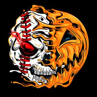 an orange and white skull with a baseball on it's face is depicted in the image Halloween Softball Halloween Baseball Background, Halloween Baseball Tournament, Skull With Hot Rods Graphic, black