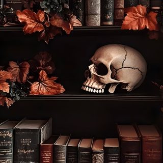 there is a skull sitting on the bookshelf next to some leaves and flowers Iphone Halloween Book Spooky Autumn Aesthetic, Fall Bookshelf Background, Spooky Library Aesthetic, black
