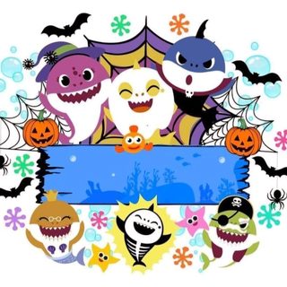 an image of some cartoon characters holding a sign with bats and pumpkins on it Baby Shark Halloween Halloween Shark, Baby Shark Pumpkin, Baby Shark Halloween, white