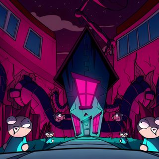 some cartoon characters are walking down the street in front of pink and purple buildings at night Invader Zim Halloween Invader Zim Show, Gir Invader Zim Pc, Invader Zim Banner, black