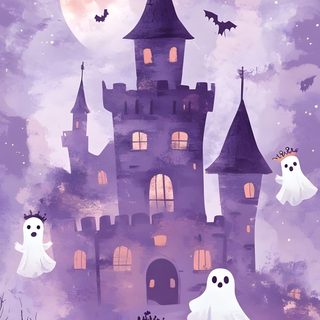 halloween castle with ghostes flying over it Cute Halloween Purple Ghost Halloween Art, Halloween Backgrounds, Arte Mexicano, Halloween Make, dark gray