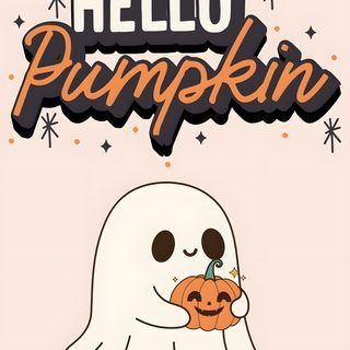 hello pumpkin halloween card with a ghost holding a jack - o'- lantern and the words hello pumpkin Hello Halloween Cute Halloween Aesthetic, Halloween Iphone Aesthetic, Happy Halloween Aesthetic, antique white