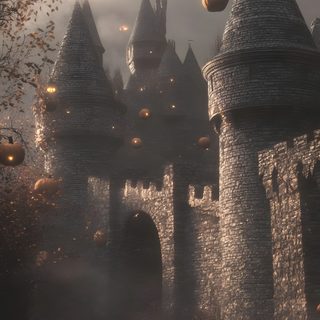 a castle with lots of pumpkins floating in the air next to it's walls Vintage Halloween- Bobcats Castle dark slate gray