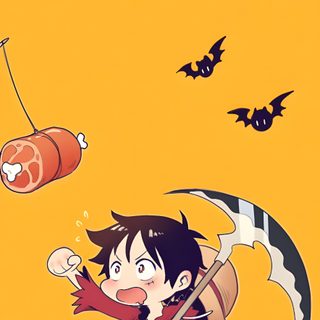 an anime character flying through the air with a bat in his hand and other characters behind him Luffy Halloween One Piece Cute, Cute One Piece, Jumpluff, Cute Anime Bat, Halloween One Piece, goldenrod
