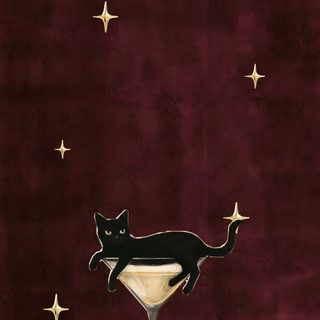 a black cat sitting on top of a wine glass in the middle of a red background Burgundy Halloween Jazz Cat, Black Cat Drawing, Black Cat Illustration, Samurai, Hippie Painting,