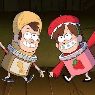 two cartoon characters standing next to each other Gravity Falls Halloween dark olive green