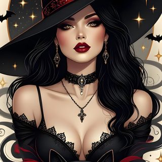 a woman wearing a witches hat with a black cat on her chest and the words trick or treat written below Pinup Halloween Witch Artwork, Beautiful Witch Art, Witch Drawing, Witch Pictures, dark slate gray