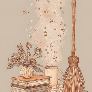 a broom, books and pumpkins on a table with stars in the sky above Halloween Book Fall Celestial, Witchy Fall, Fall Kindle, Fall Book Iphone, Harvest Moon Iphone, tan