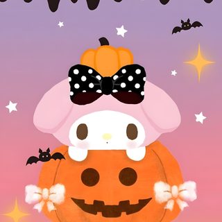 a cartoon pumpkin with a bow on it's head and the words halloween written above it My Melody Halloween Sanrio Halloween Stickers, Sanrio Halloween, My Melody Halloween Background, dark salmon