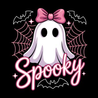 a spooky ghost with a pink bow on it's head and the words spooky Pink Bow Halloween Halloween Cute, Pink Ghost Image, Girly Halloween, Girly Spooky Background, black