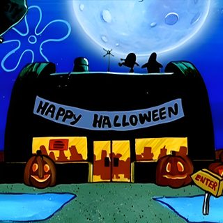 an animated halloween scene with pumpkins and jack - o'- lanterns on the front 2000s Halloween Autumn Spongebob, Mr Krabs Halloween Episode, Halloween 90s Movies, dark blue