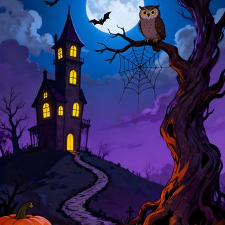 an owl sitting on top of a tree in front of a house with a full moon Vintage Halloween Haunted House dark slate gray
