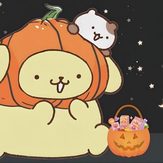a cartoon bear sitting next to a pumpkin with a ghost on its head and another animal standing behind it Pom Pom Purin Halloween Cute Halloween Decoration Inspiration, Cute Halloween Pumpkin Character, Cute Pumpkin Costume Illustration, dark slate gray