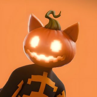 an orange and black cat with glowing eyes on it's head, standing next to a pumpkin Halloween Fortnite Pumpkin Spice, Fortnite, Halloween, coral