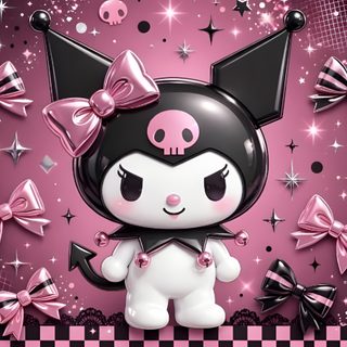 a pink and black wallpaper with an animal in it's ears, bow ties, and skulls Chromebook Kuromi Halloween dim gray
