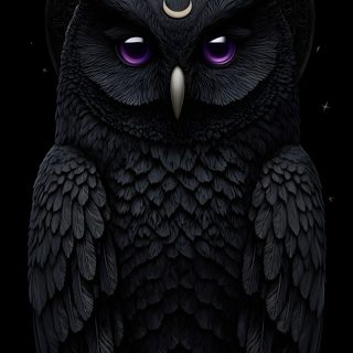 an owl with purple eyes sitting on top of a table Halloween Owl Hd Dark Themed Owl Art, All Black Owl, Black Owl, Dark Aesthetic Owl Art, Owl Dark,