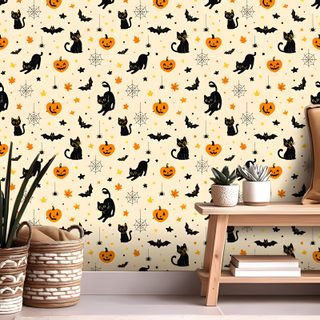 halloween wallpaper with black cats and pumpkins Halloween - Bats And Cats - Cream Pumpkin Spider, Renter Friendly, Contact Paper, Halloween Paper, bisque