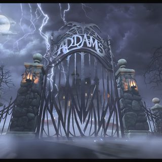 a gate that is surrounded by fog and lightning Halloween Town Gate Adams Family Background, Addams Family Background, The Addams Family Background, dim gray