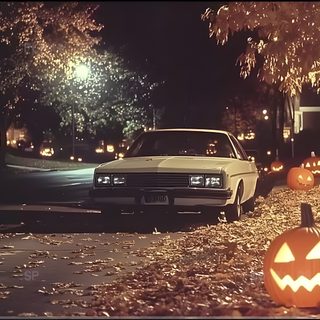 two pumpkins on the ground in front of a car with jack - o'- lanterns 80s Halloween Aesthetic Halloween Movie Desktop, 90s Aesthetic Halloween, 80s Aesthetic Halloween, dark slate gray