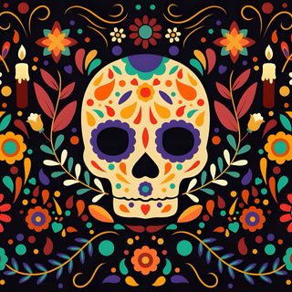 a colorful skull with flowers and leaves on it's head, surrounded by an ornate border Mexican Halloween Dia De Muertos Mexico Fondos, Mexico Computer, Dia De Los Muertos Zoom Background, black