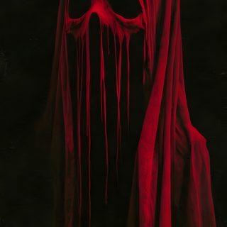 a red cloth covered face with blood dripping down the sides and covering it's head Halloween Mask Fantasy Horror, Black And Red Horror, Creepy Mask Design, Devil Painting,
