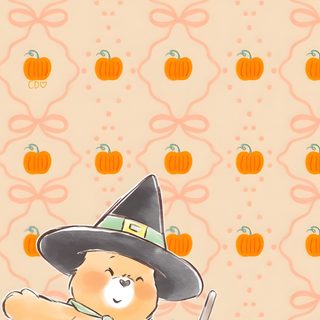 a teddy bear dressed as a witch with a broom and pumpkins in the background Aesthetic Halloween Care Bear Hello Kitty Halloween, Ipod, Halloween Iphone Backgrounds, Cheetah Print, wheat