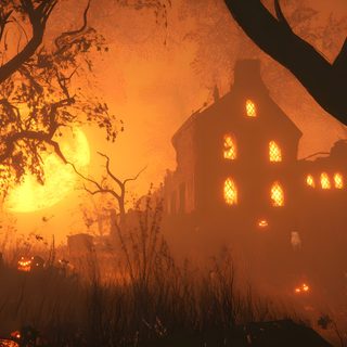 a creepy looking house in the woods with pumpkins on it's windows at night Halloween 2k Halloween Town, Halloween Landscape, Halloween, Halloween Banner, saddle brown