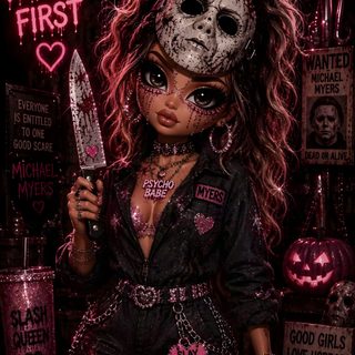 a creepy doll holding a knife in her hand Halloween Scary Cute Girl black
