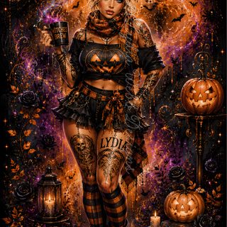 a painting of a woman dressed up as a witch with pumpkins and bats around her Halloween Baddie black