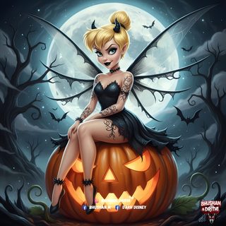 a halloween fairy sitting on top of a pumpkin Tinkerbell Halloween Happy Halloween Tinkerbell, Fairy In Boots, Halloween Fairy, dark slate gray