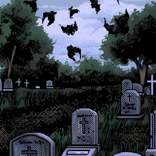an old graveyard with bats flying over the headstones and trees in the background Halloween Pixel Art Gif Graveyard, Ghost, Hello Kitty, Pretty Gift, dark slate gray